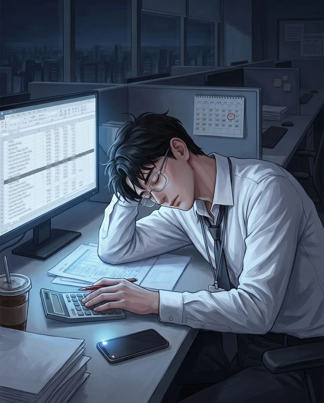 새벽 불 꺼진 사무실, 계산기에 손을 얹은 채 모니터 앞 책상에 엎드린 대성