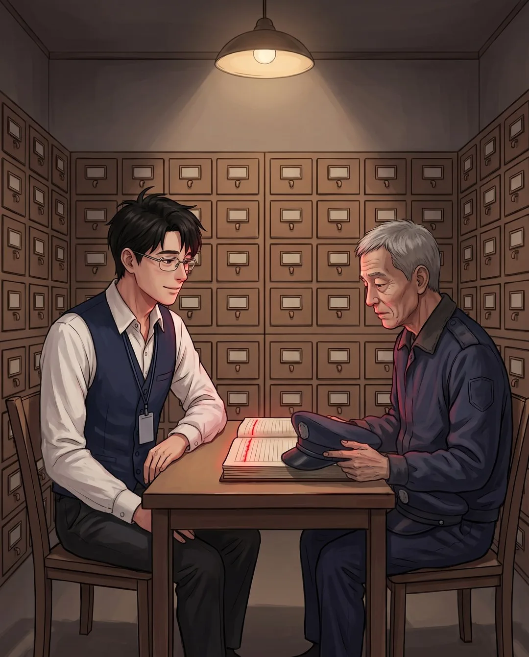 열람실 책상에서 대성과 경비복 차림의 노인이 붉게 빛나는 장부를 사이에 두고 앉아 있다