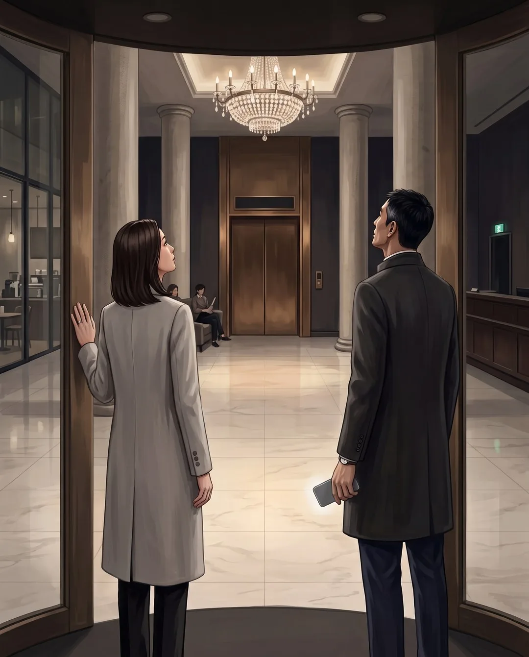 호텔 로비 회전문 안쪽에서 은서와 그 남자가 떨어져 서서 닫힌 엘리베이터 위를 올려다본다.