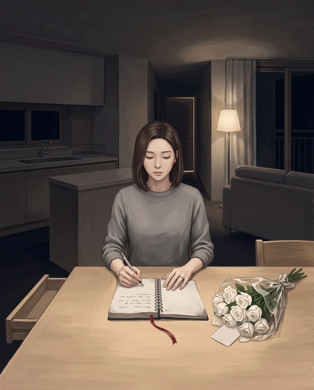 늦은 밤 식탁에서 은서가 붉은 리본 노트에 몇 줄을 적고, 곁에 흰 장미가 화병 없이 누워 있다.