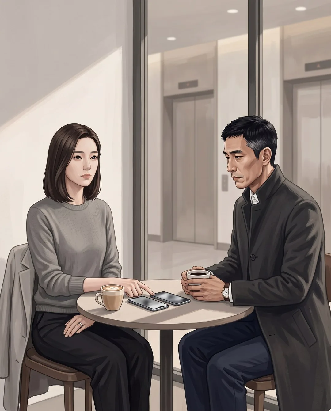 호텔 카페 탁자에서 은서가 나란히 놓인 두 휴대폰 사이를 손가락으로 재고, 그 남자는 화면을 본다.