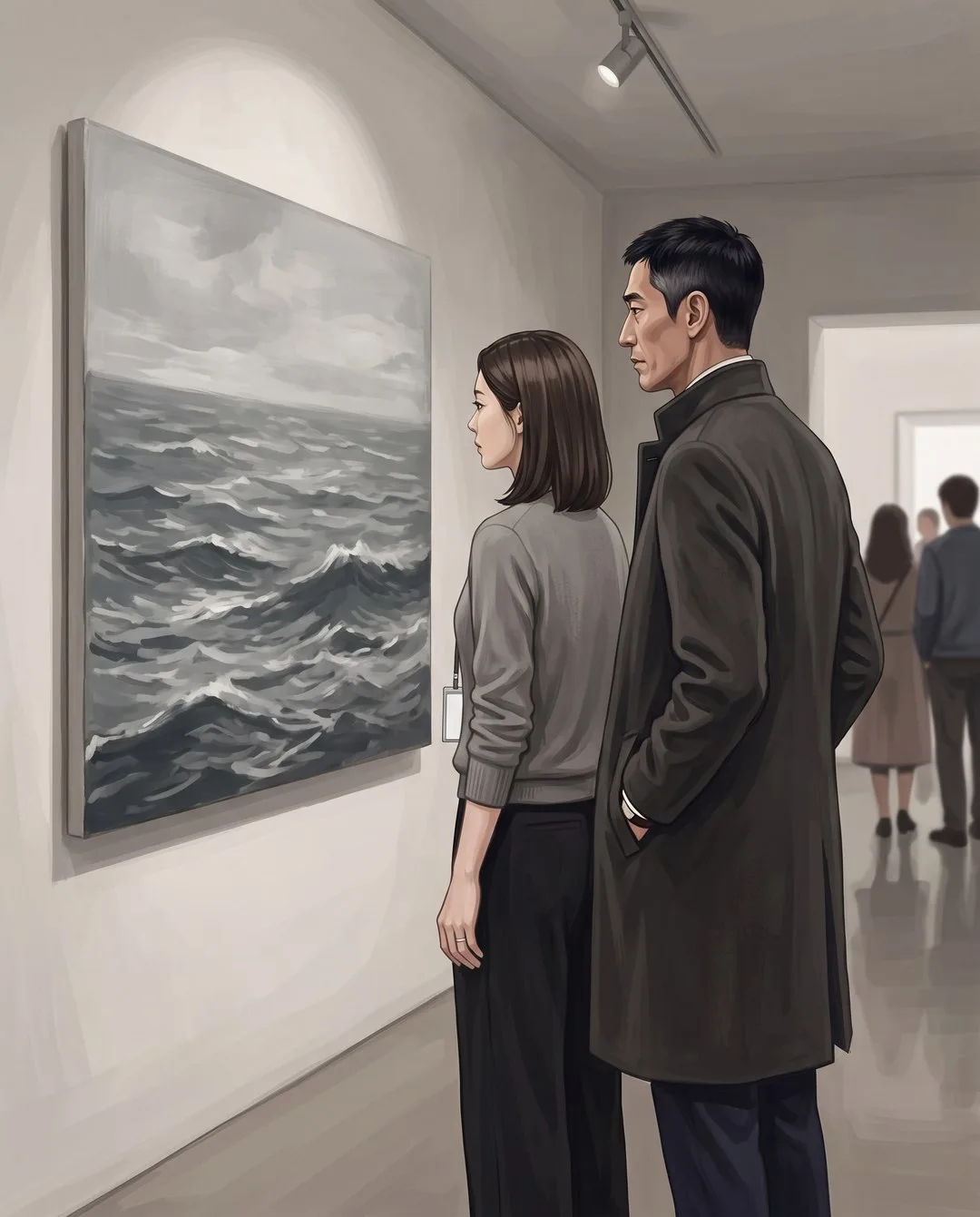 회색 바다 그림이 절반만 빛을 받는 벽 앞에 강무진과 은서가 나란히 서서 그림을 본다.