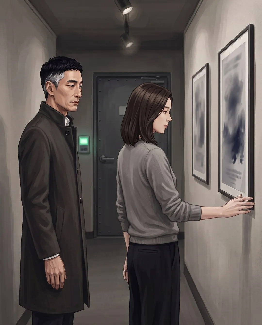 지하 복도에서 은서가 기운 포스터 액자를 손끝으로 바로잡고, 강무진이 그 손을 본다.