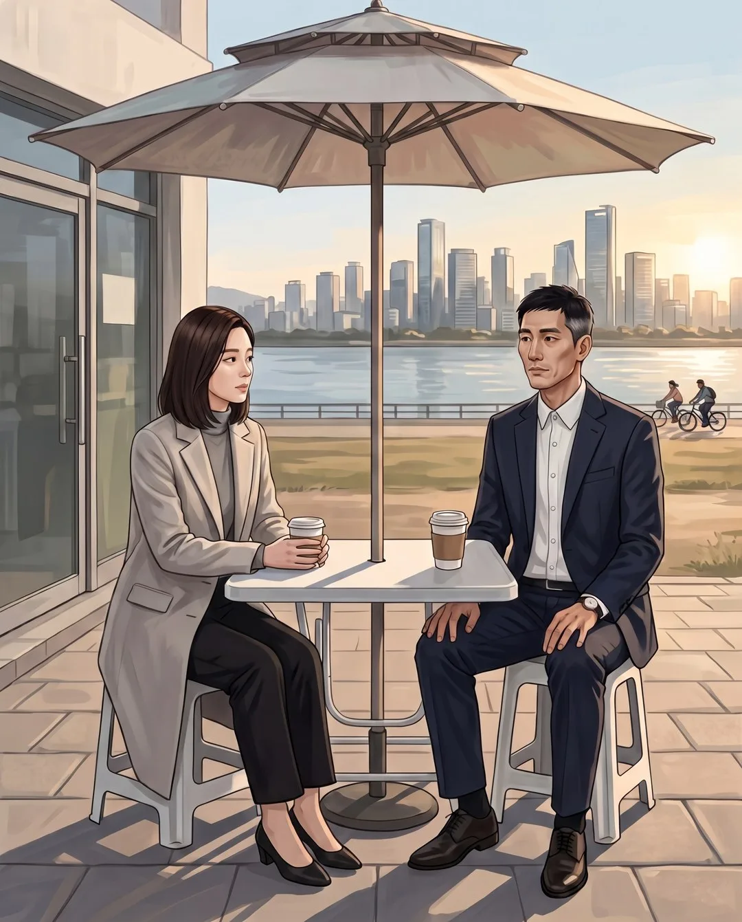 강변 편의점 앞 파라솔 탁자에서 강무진이 말하고, 은서가 컵을 쥔 채 그를 본다.