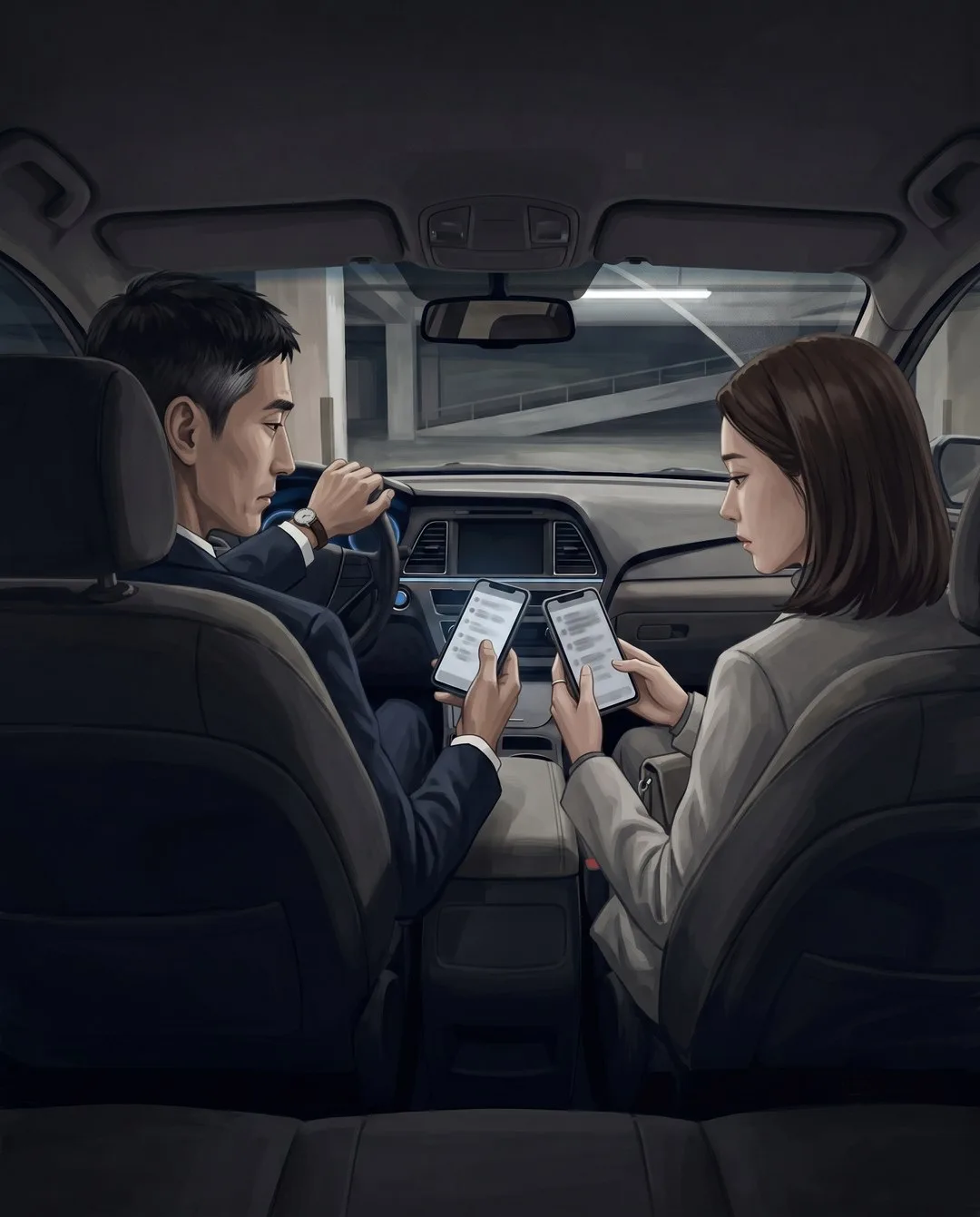 밤 주차장 차 안에서 은서가 자기 휴대폰을 강무진의 화면 옆에 나란히 대고 둘이 들여다본다.