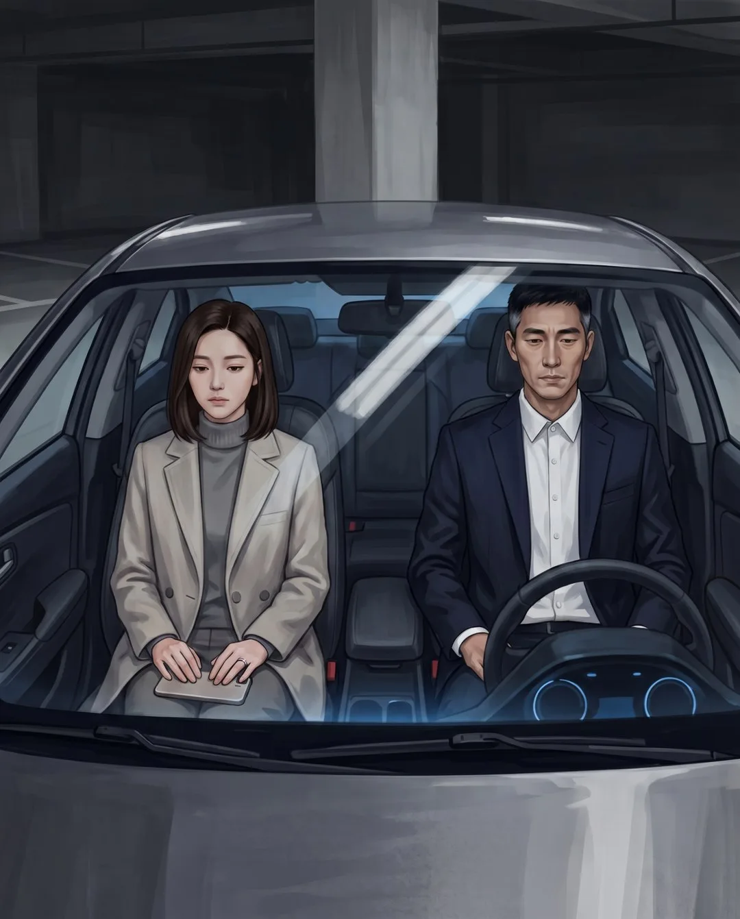 앞유리 너머로 본 차 안, 은서와 강무진이 각자 무릎에 손을 얹은 채 말없이 앉아 있다.