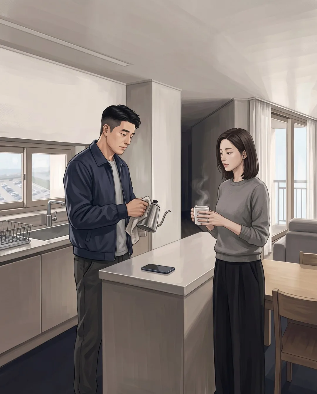 아침 부엌에서 남편이 드립 주전자를 닦고, 은서가 머그 너머로 주전자를 쥔 그 손을 본다.