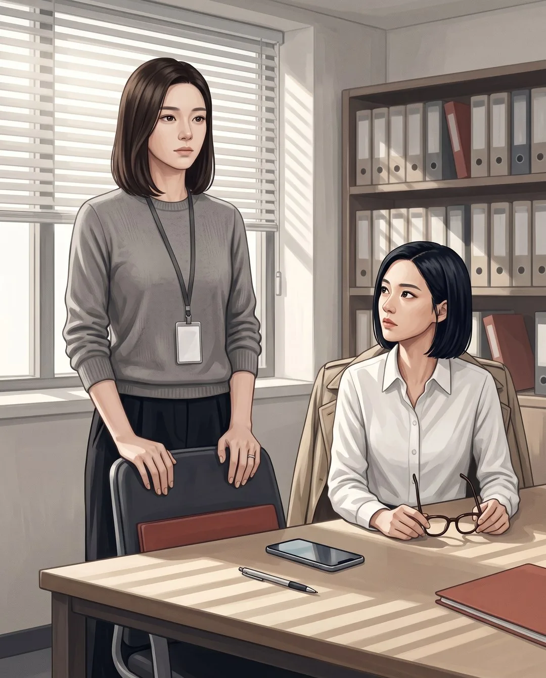 법률사무소 회의실에서 소라가 안경을 벗어 쥔 채, 의자 뒤에 선 은서를 한참 본다.