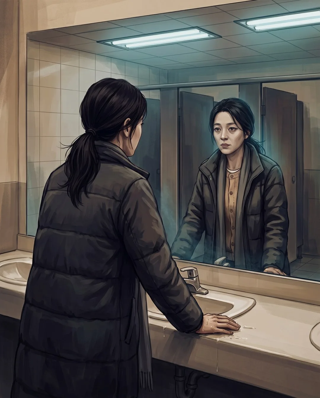 텅 빈 법원 화장실에서 미영이 세면대를 짚고 거울 속 자기 얼굴을 마주 본다.
