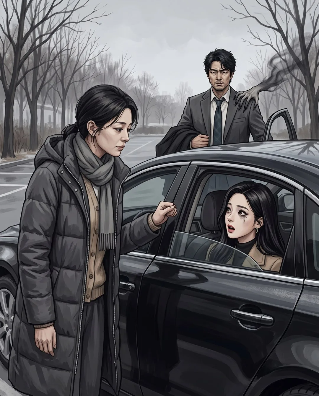 법원 주차장에서 미영이 검은 차 조수석 창 너머 눈가가 번진 여자를 내려다본다.