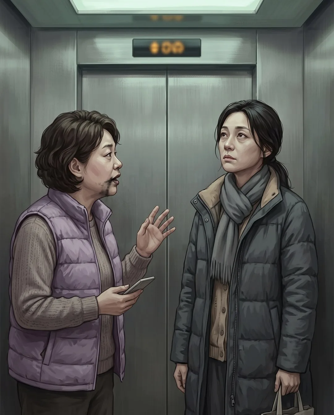 좁은 엘리베이터 안, 수다를 떠는 이웃 여자의 입가에 까만 그을음이 번져 있다.