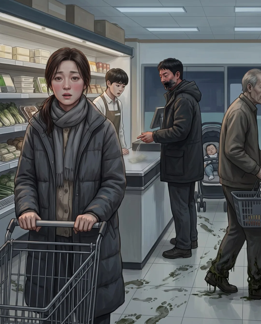 마트 계산대 앞에서 미영이 카트를 쥐고, 입가가 까만 남자가 지폐를 내려놓는다.