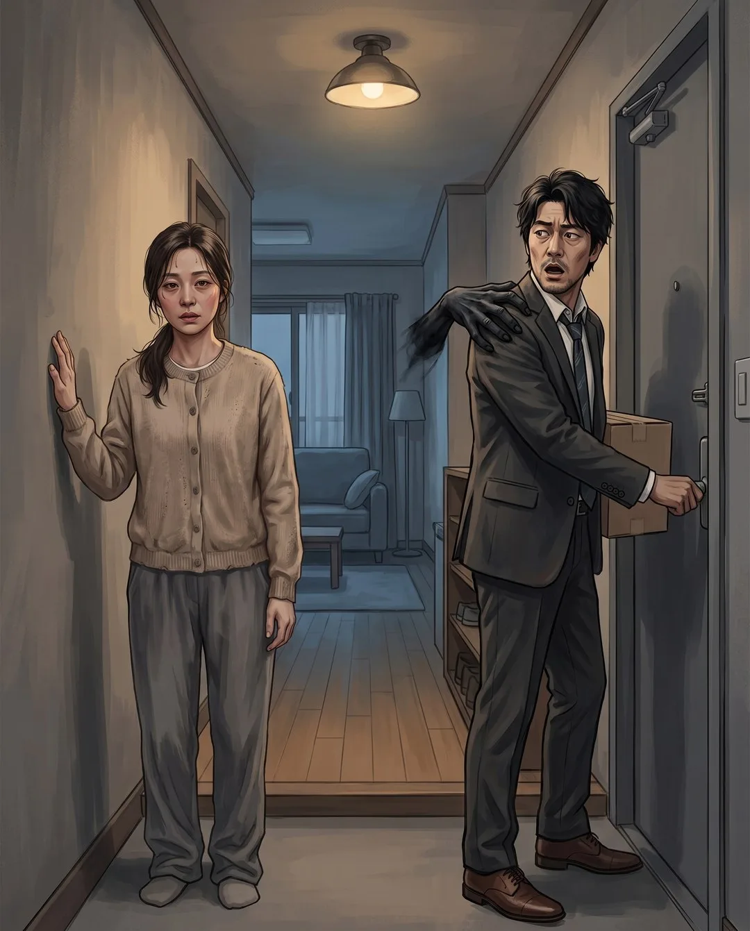 현관에서 상자를 낀 남편이 문고리를 잡은 채 굳고, 미영은 벽을 짚고 그를 본다.