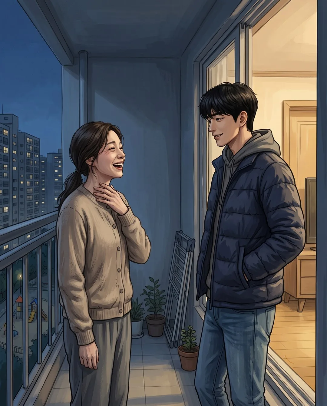 저녁 베란다 창가에서 미영이 곁에 선 아들을 보며 환하게 웃는다.