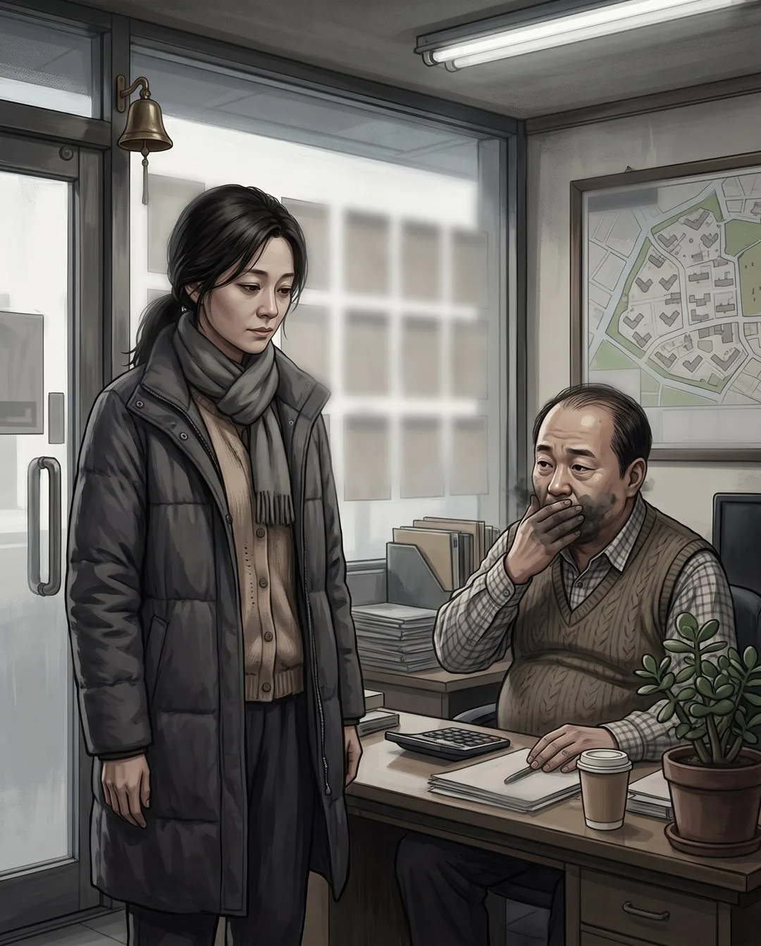 부동산 책상 너머 사장이 손바닥으로 입가를 문지르고, 미영이 조용히 그를 본다.