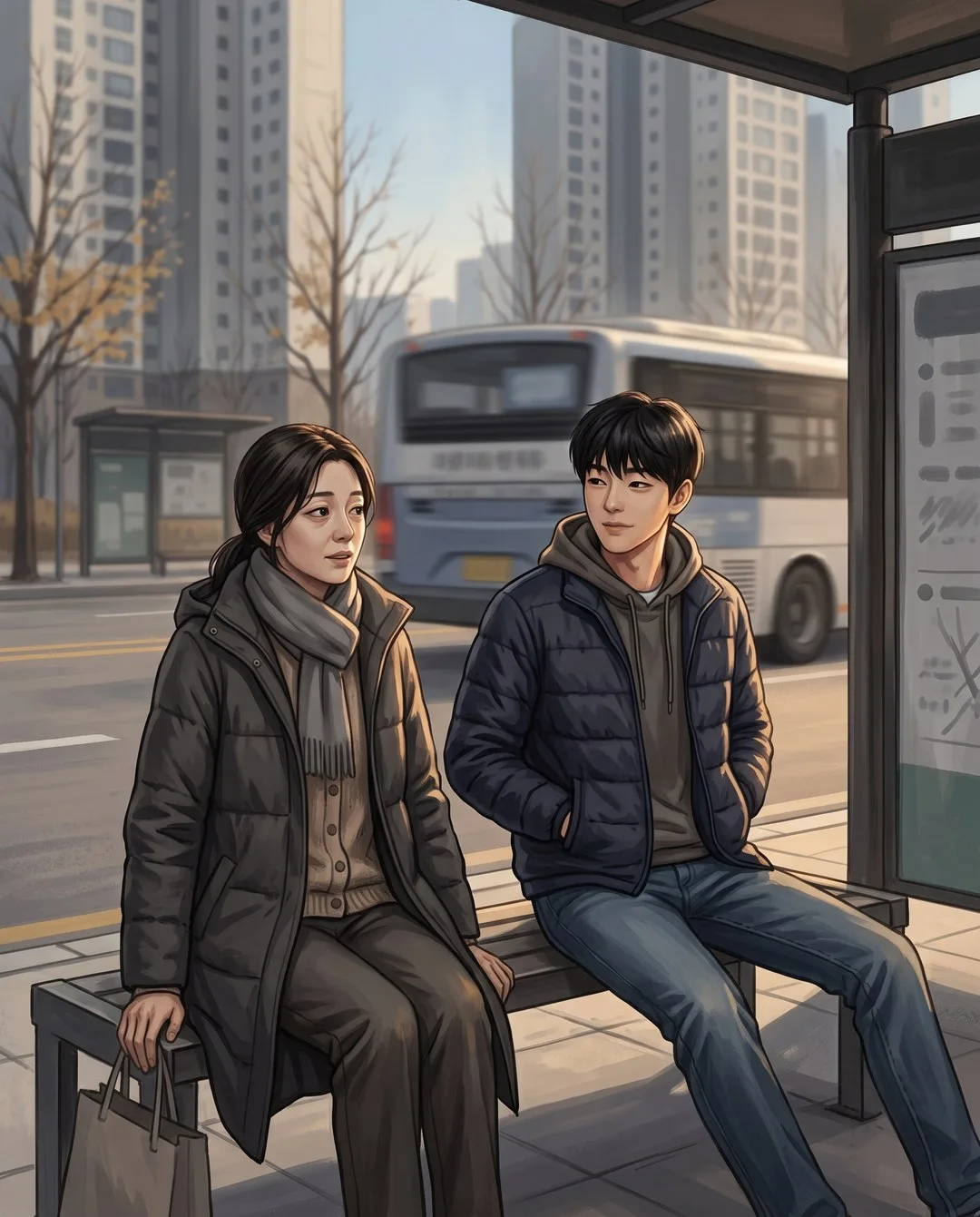 아파트 단지 앞 버스정류장 벤치에 아들과 미영이 나란히 앉아 있다.