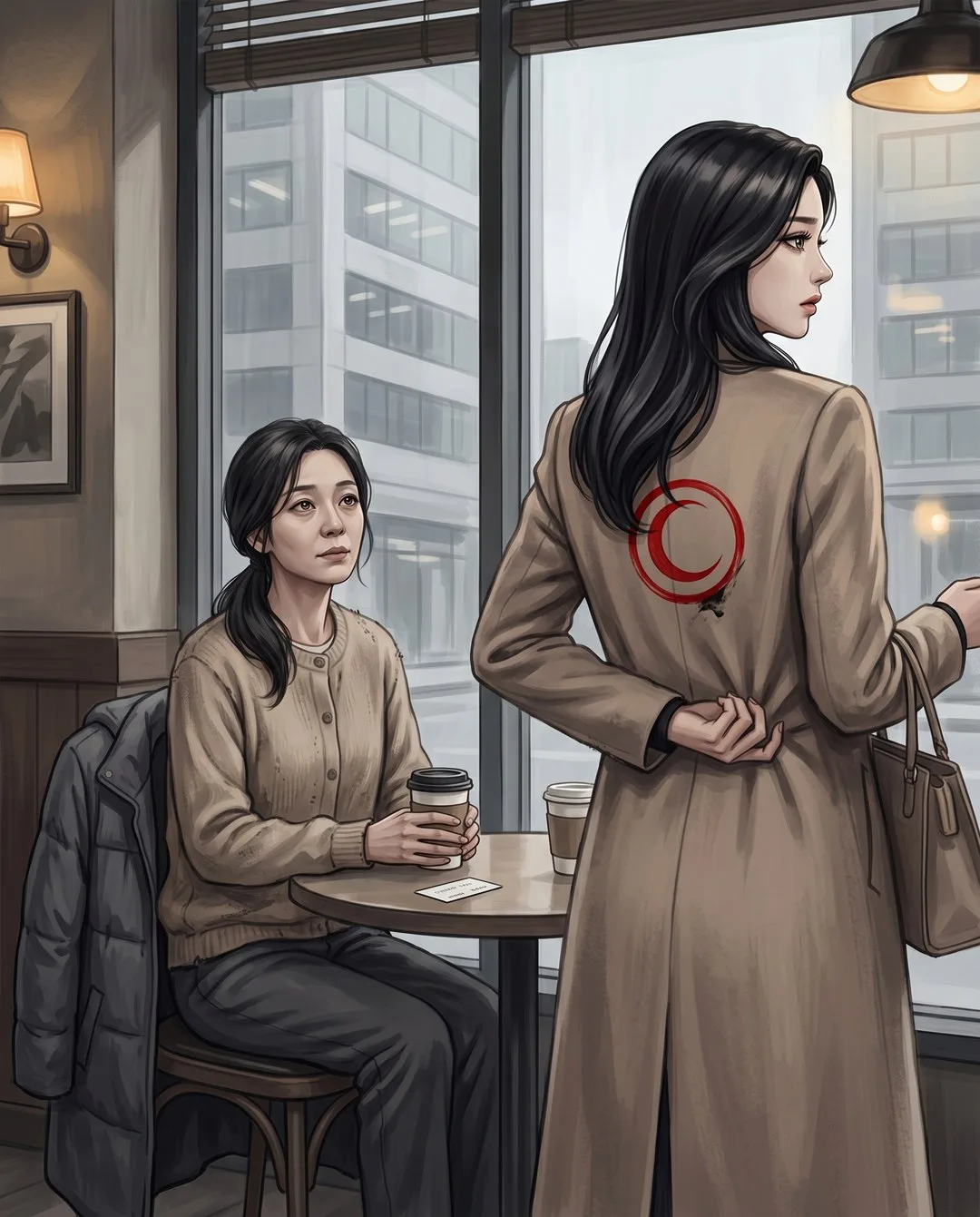 카페에서 일어선 여자가 붉은 도장 찍힌 코트 등 뒤로 손을 돌리고, 미영은 앉아서 본다.