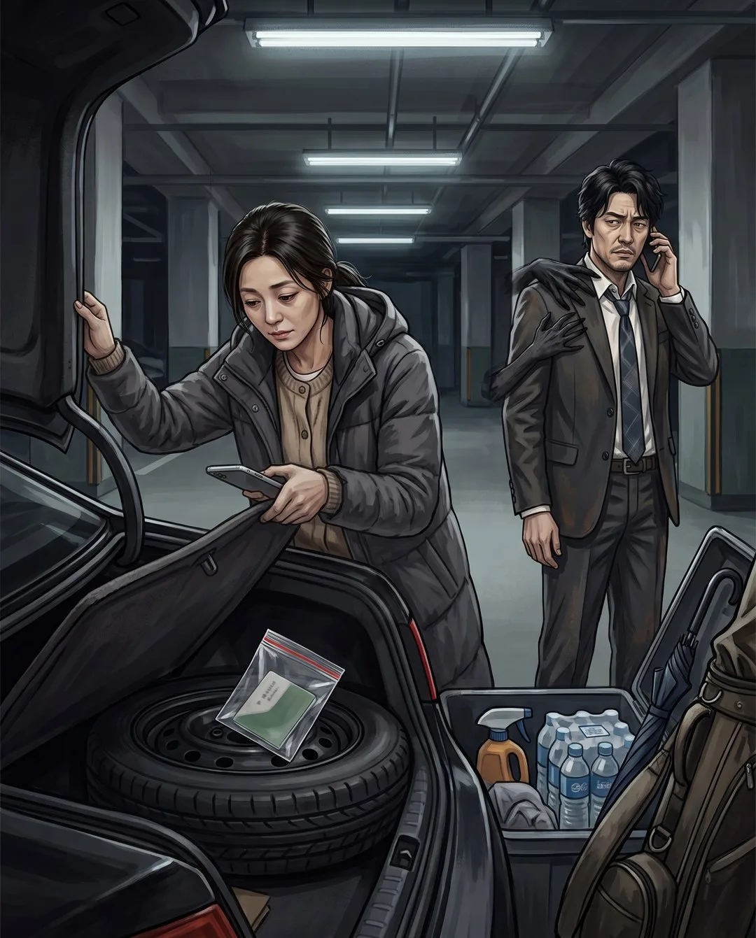 지하주차장에서 미영이 트렁크 바닥 밑 비닐 속 초록 통장을 휴대폰으로 찍는다.