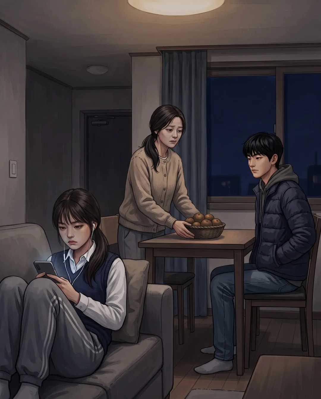 저녁 거실, 소파의 딸과 창가 의자의 아들 사이에서 미영이 귤 바구니를 민다.