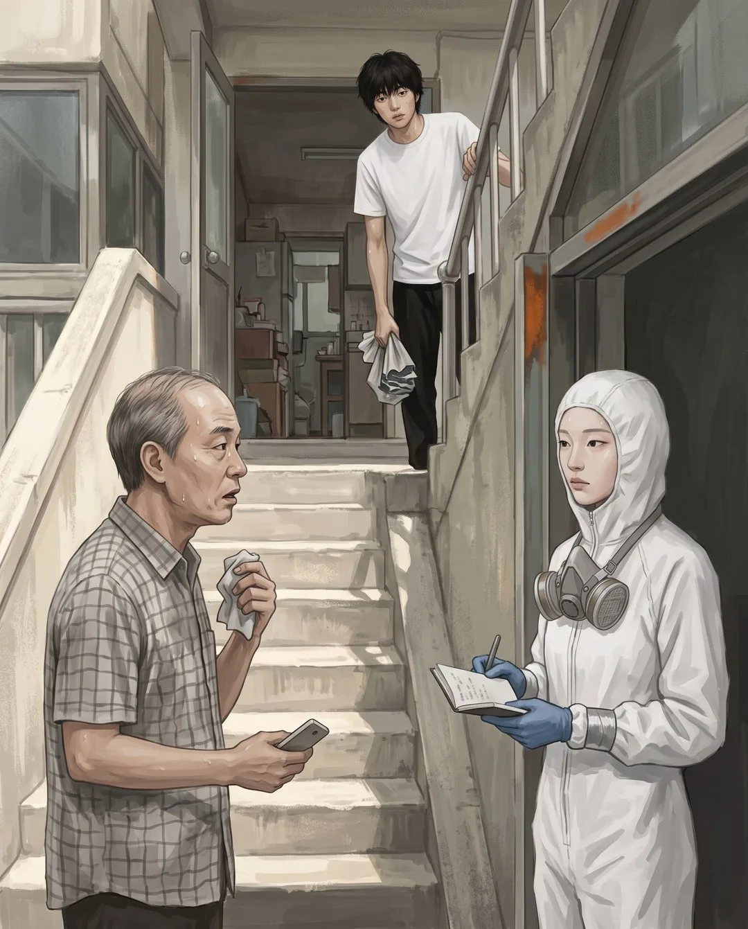 반지하 문 앞에서 손수건을 내린 집주인 허영철과 수첩을 든 유나가 마주 서 있다
