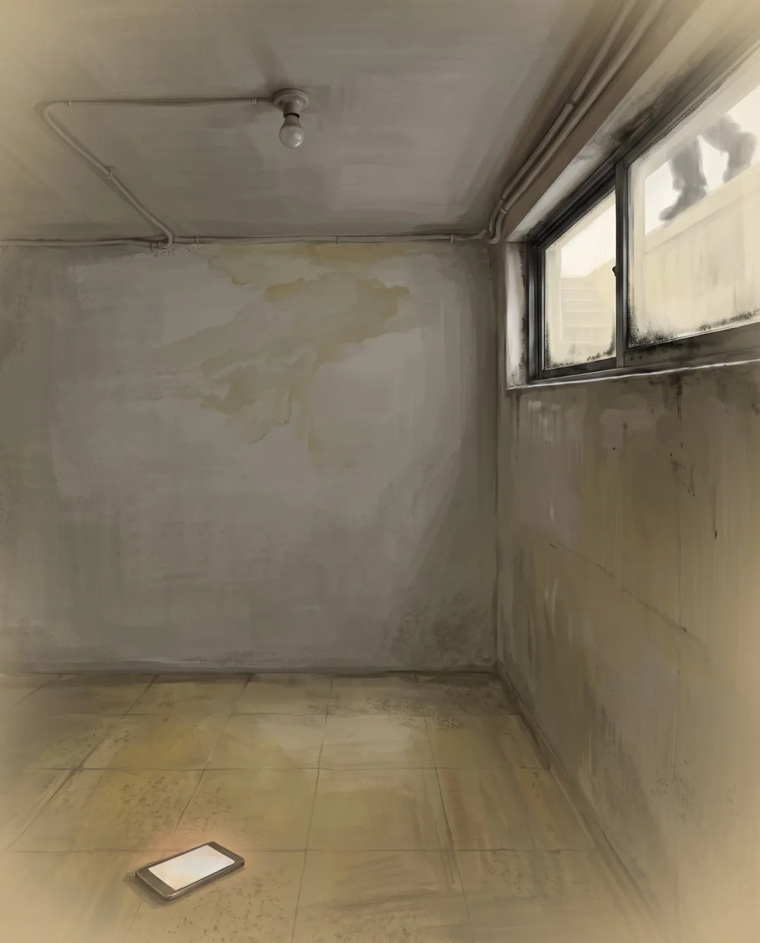 바랜 빛 속 빈 반지하 벽에 누런 얼룩이 번져 있고 바닥의 휴대폰 빛이 희미하다