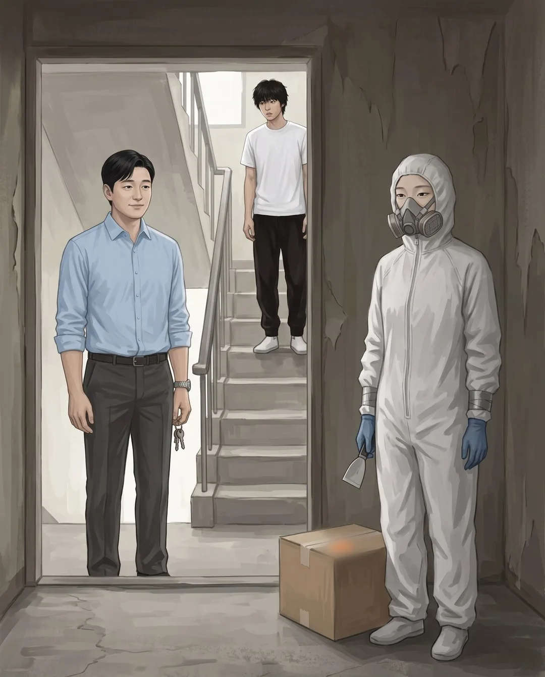 하늘색 셔츠의 관리실장이 열쇠 꾸러미를 손가락에 건 채 문턱 앞에서 방을 들여다본다