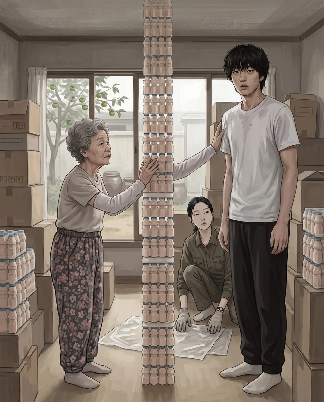 기운 요구르트 병 탑을 받친 작은 할머니가 굳어 선 진우의 등을 쓸어 준다