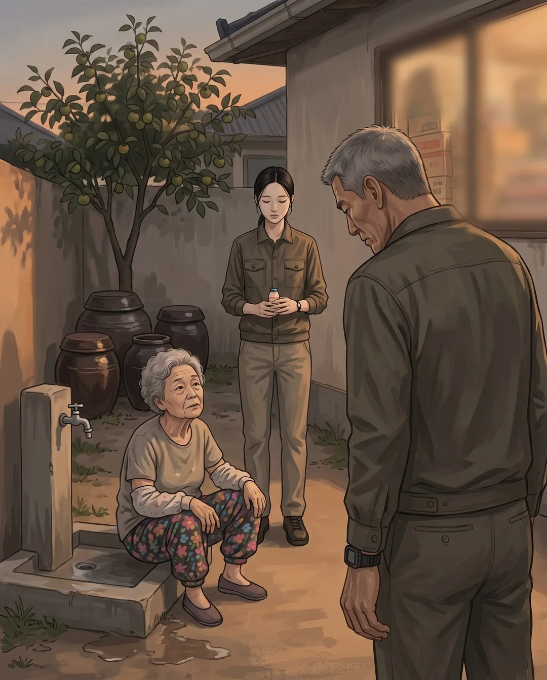 해 질 녘 마당에서 반장님이 고개를 깊이 숙이고 수돗가에 앉은 할머니가 그를 올려다본다