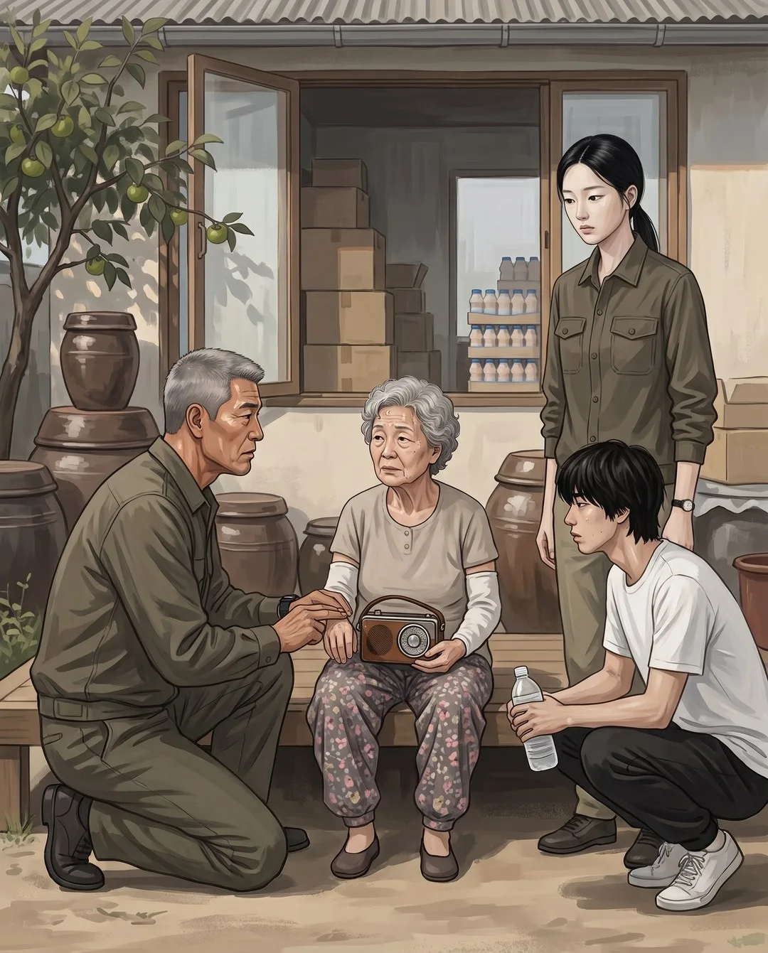 마당 평상에 라디오를 안고 앉은 할머니 앞에 반장님이 무릎 꿇고 손목을 짚는다