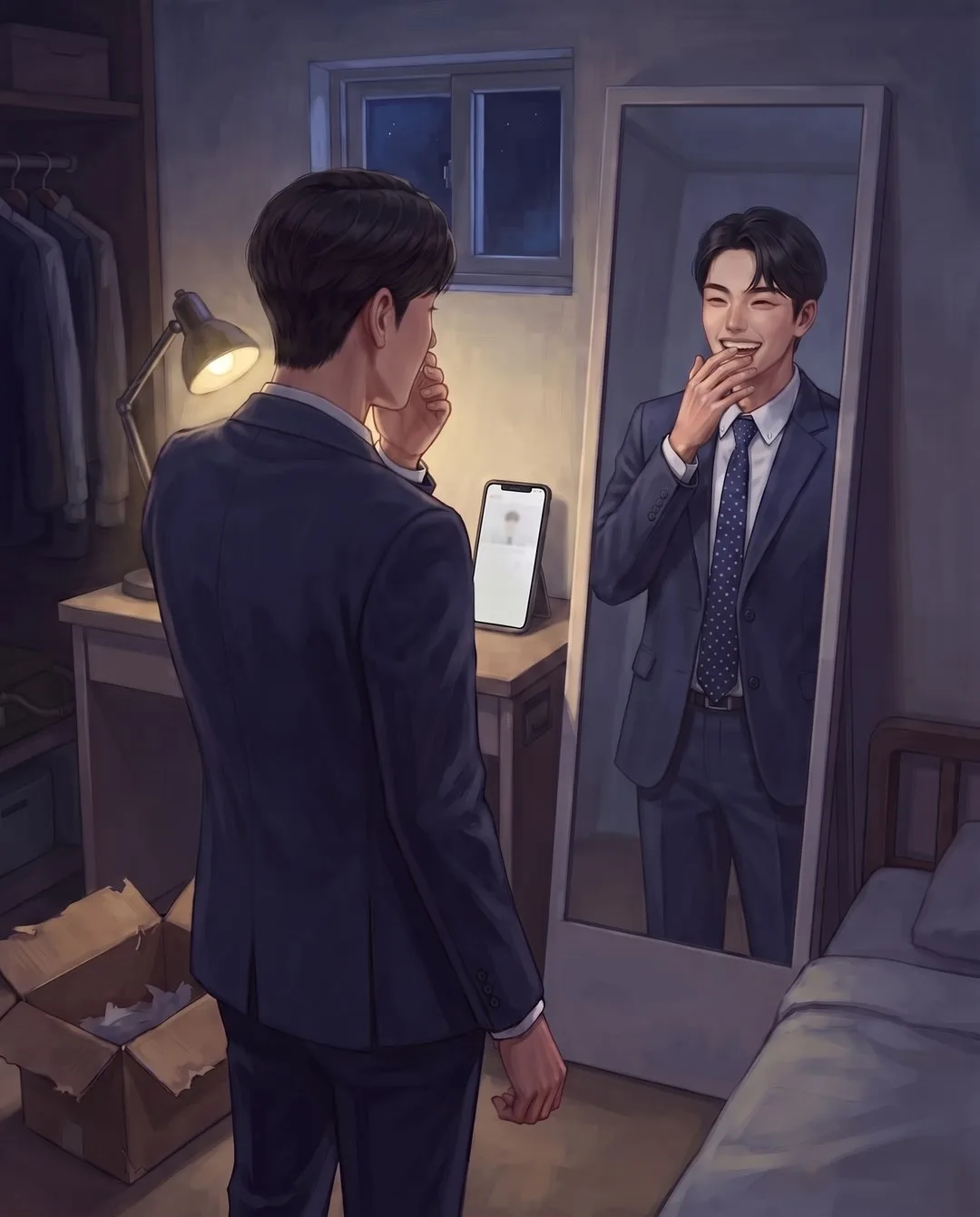 면접 전날 밤 자취방, 남색 정장을 입은 재경이 전신거울 속 자기 모습을 보고 웃음을 터뜨린다