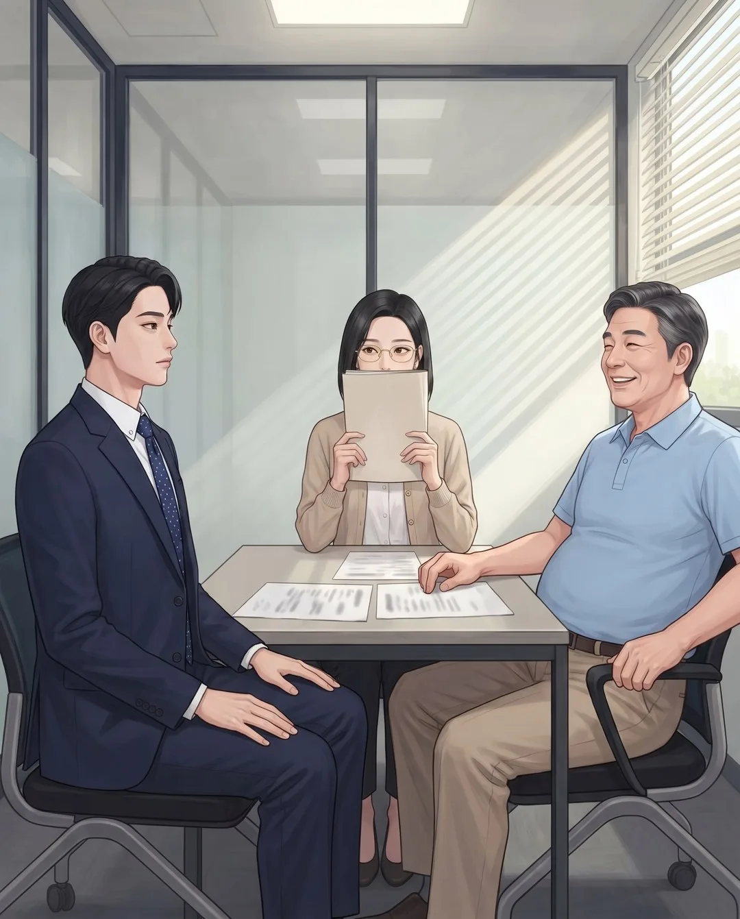 면접실에서 서류철로 입가를 가린 지원이 재경을 똑바로 보고, 창가의 대표는 등을 기대 웃는다
