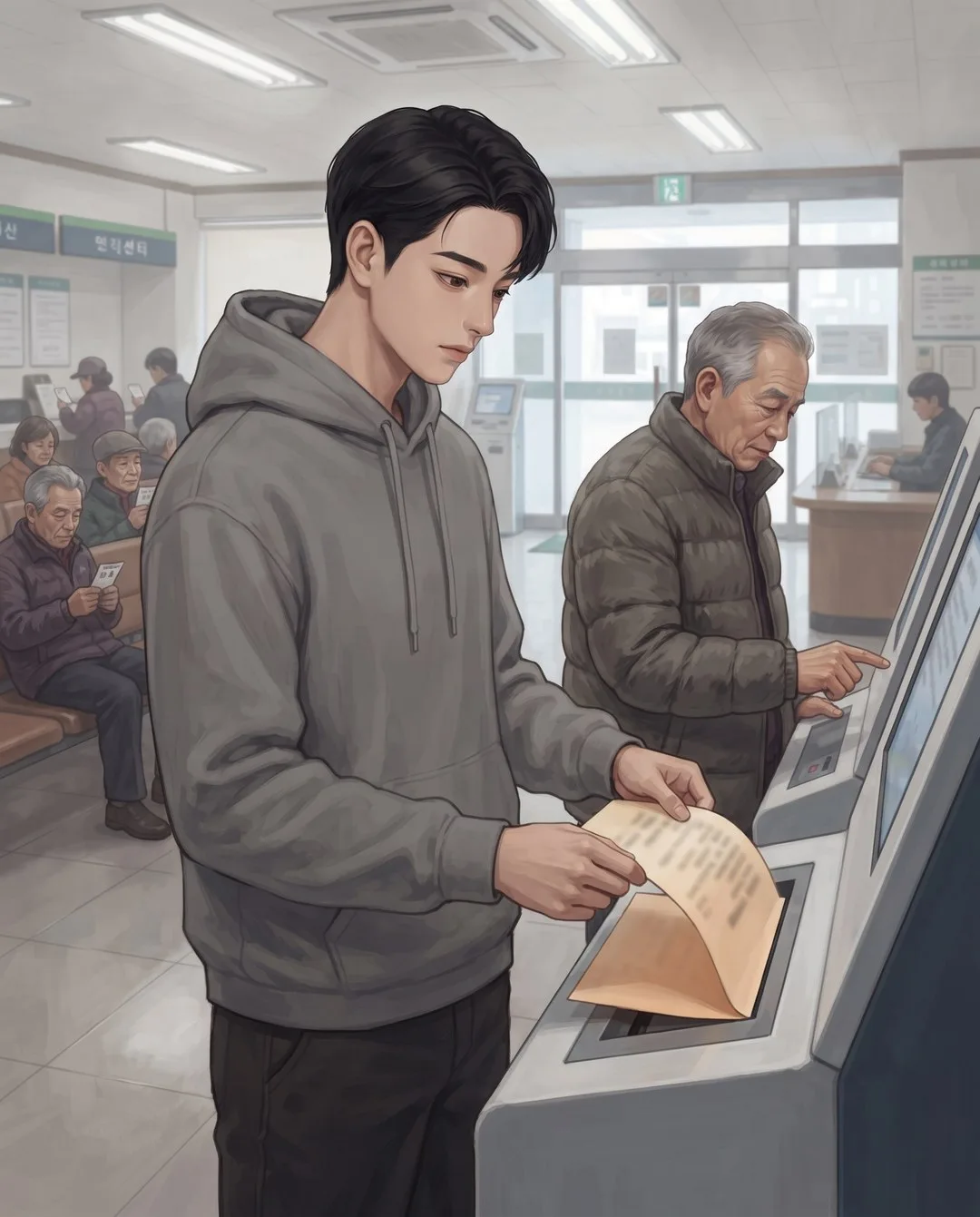 주민센터 무인발급기에서 막 나온 등본을 읽지 않고 꺼내 드는 회색 후드 차림의 재경