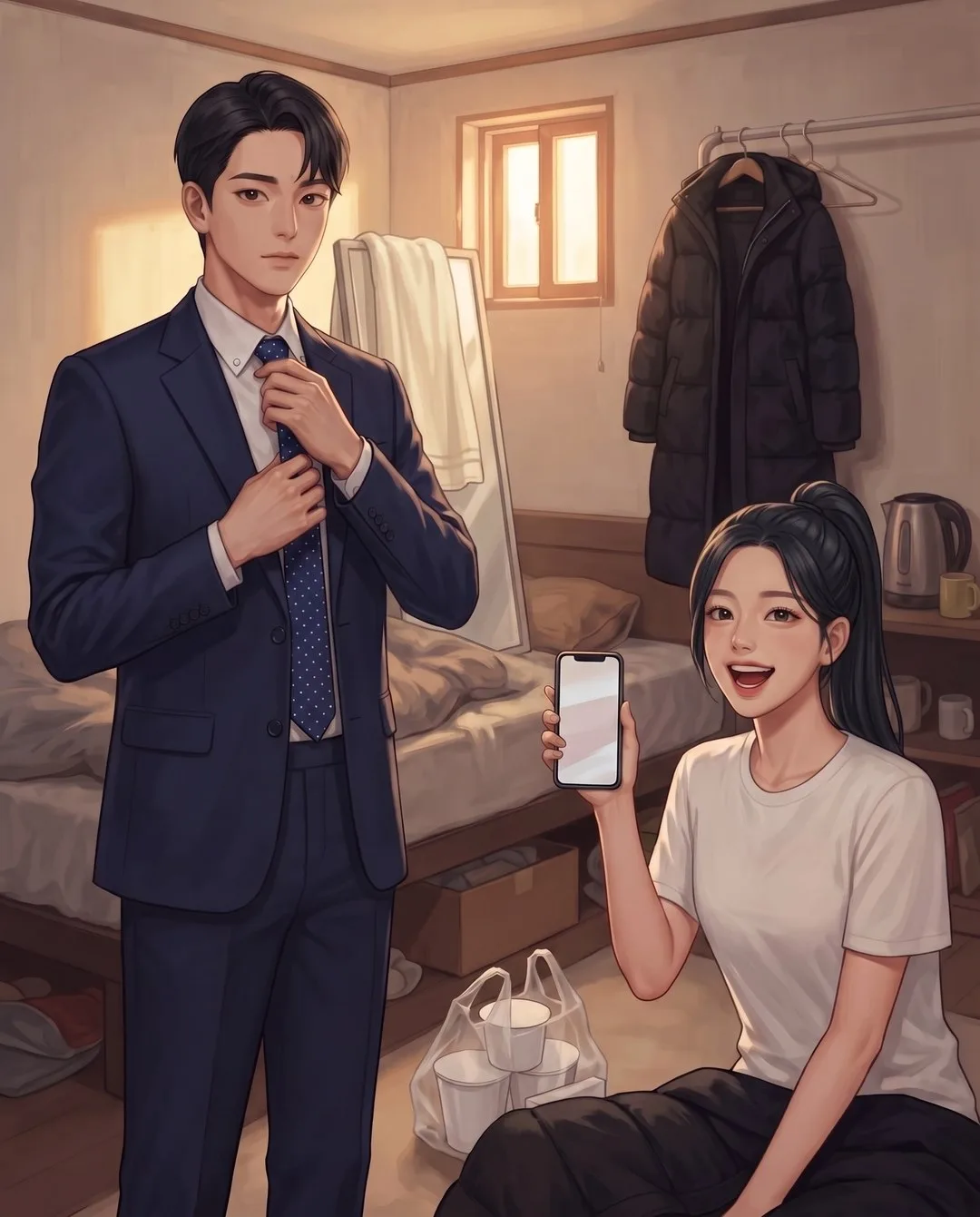 자취방에서 넥타이 매듭을 목까지 끌어올리는 재경 옆, 바닥에 앉은 하나가 스톱워치를 들고 웃는다