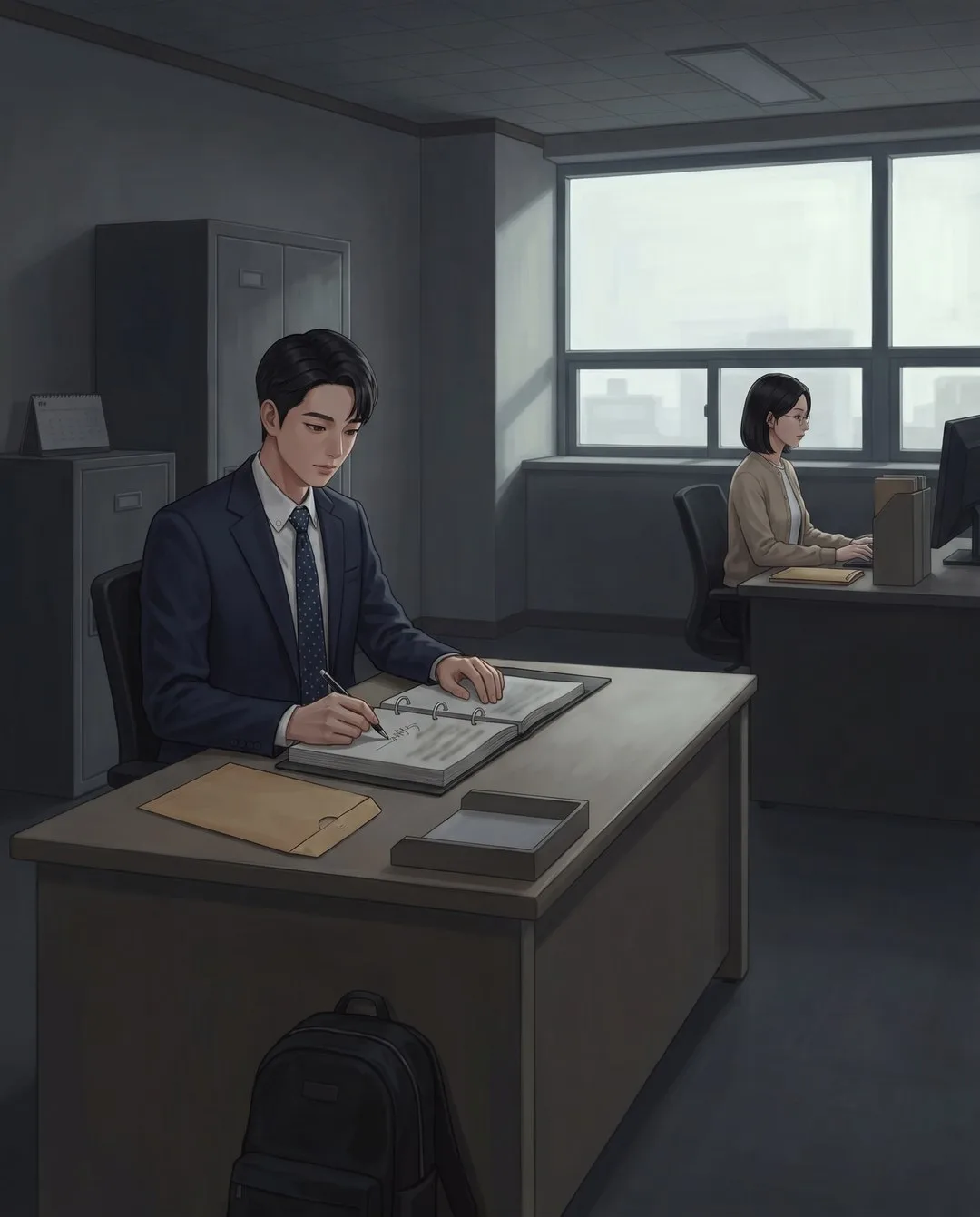 이른 아침 사무실, 빈 책상에서 접수대장에 서명하는 재경과 멀리 창가에서 모니터를 켜는 지원