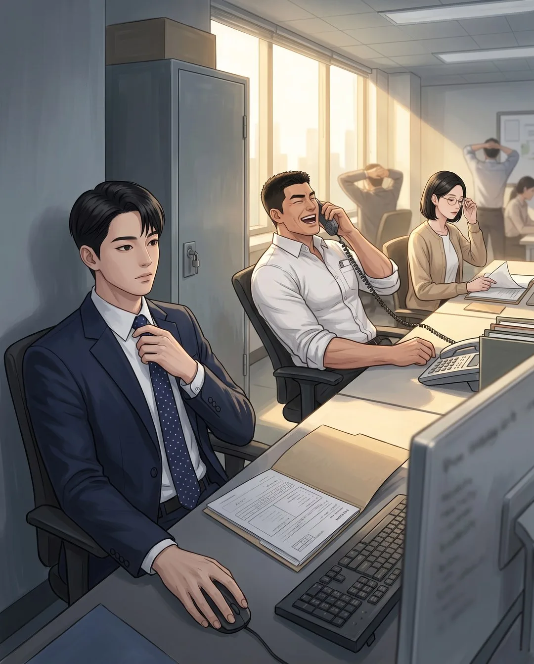캐비닛을 등진 구석 자리에서 모니터 너머로 사무실을 보는 재경, 햇빛은 그 자리까지 닿지 않는다