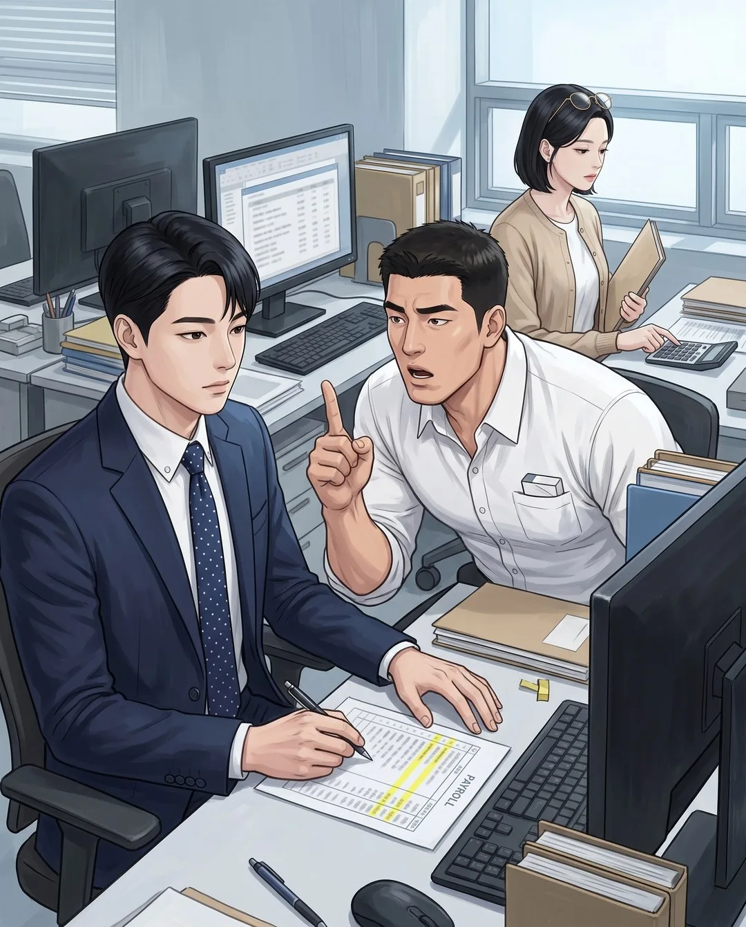 의자째 굴러온 민식이 말을 잃고, 재경은 형광펜을 그은 급여대장을 손끝으로 짚는다