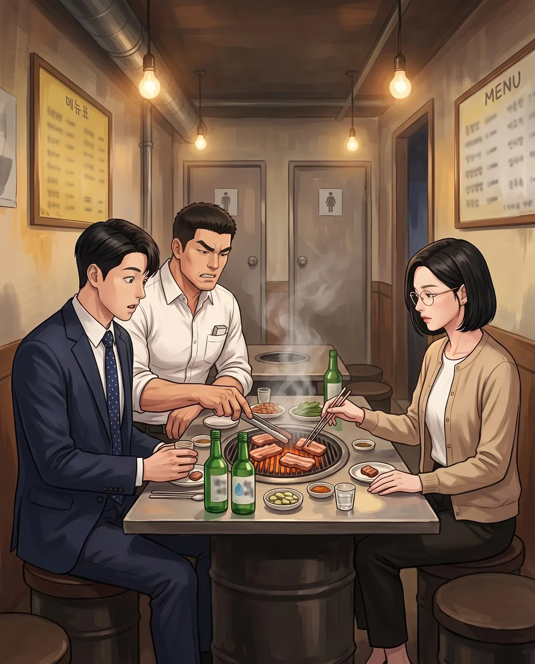 회식 자리 연탄 불판 앞, 맞은편의 지원이 고기 한 점을 재경의 접시에 올려 준다
