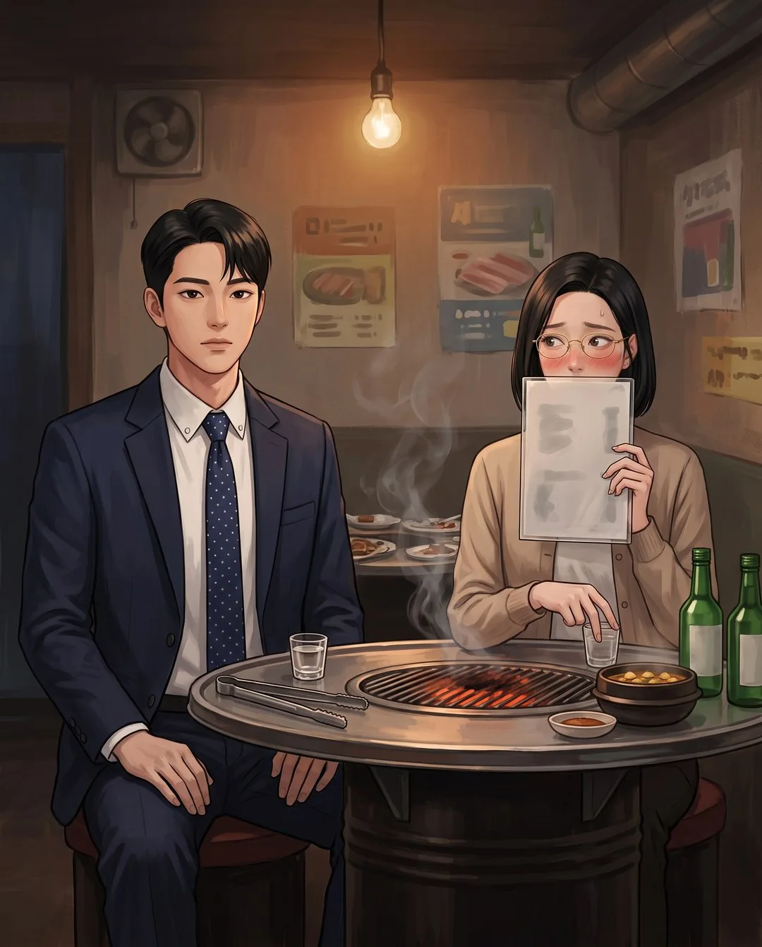 꺼져 가는 불판 너머 메뉴판으로 입가를 가린 지원과, 무릎 위에 손을 놓은 재경