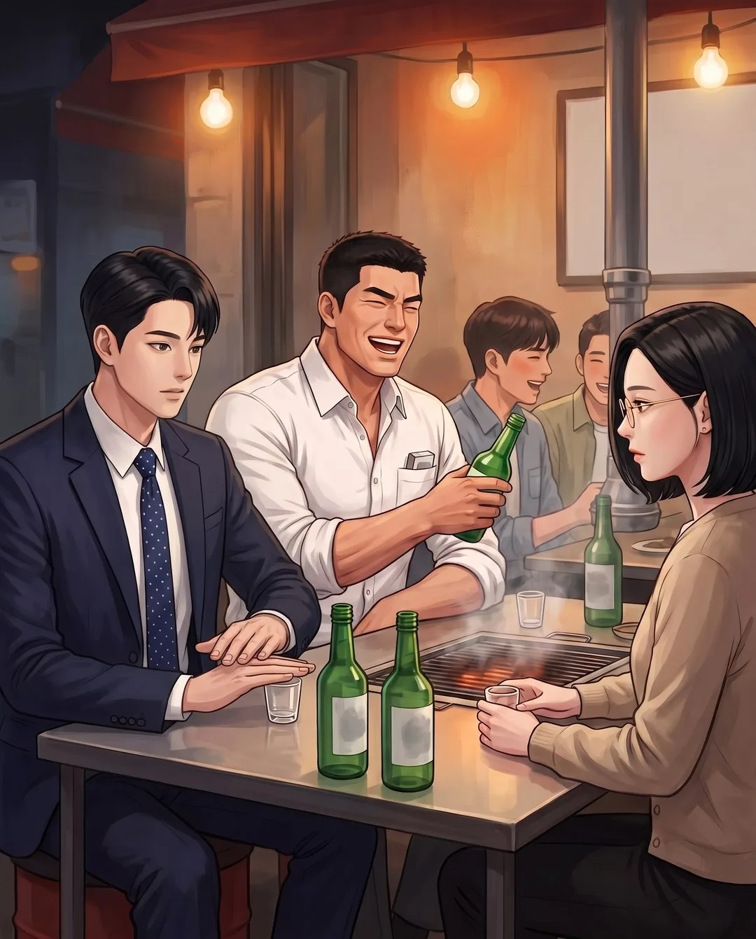 고깃집 테이블에 빈 소주병 두 개가 서 있고, 빈 잔을 손바닥으로 덮은 재경 옆에서 병을 든 민식이 웃는다