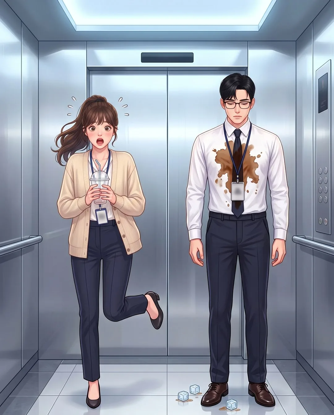 엘리베이터 안, 지우가 쏟은 아이스커피가 도현의 흰 셔츠에 번지고 두 사람이 굳는다