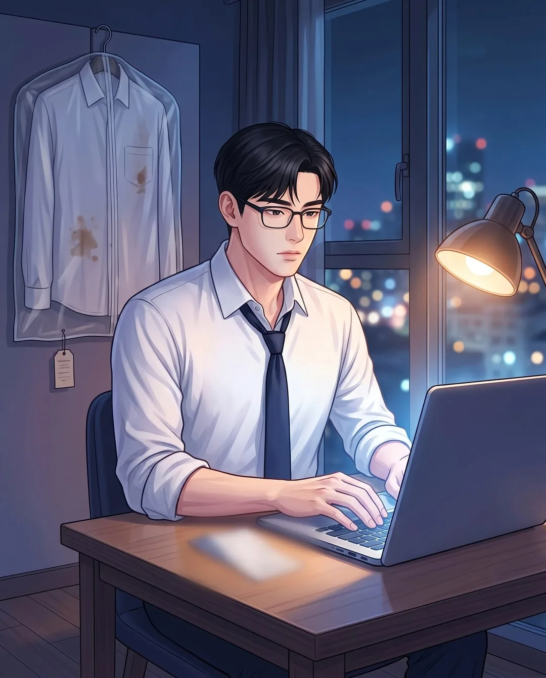 늦은 밤 오피스텔, 얼룩진 셔츠가 걸린 옆에서 도현이 노트북 화면을 말없이 들여다본다