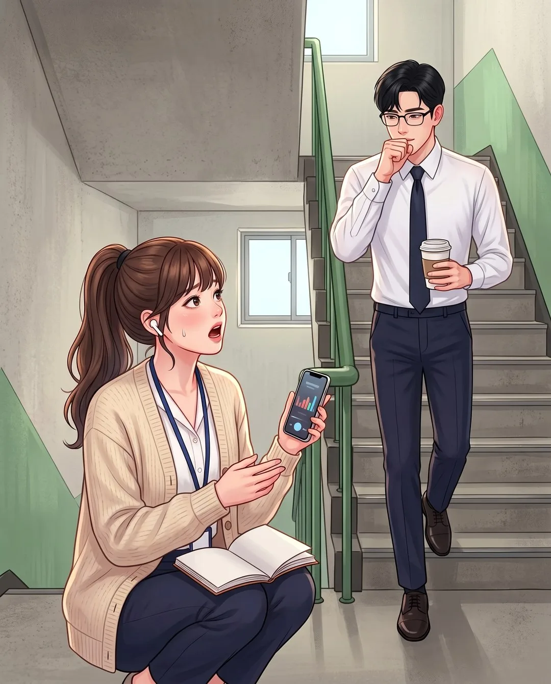 점심시간 비상계단, 트로트를 연습하던 지우 곁을 도현이 헛기침으로 웃음을 참으며 지나간다