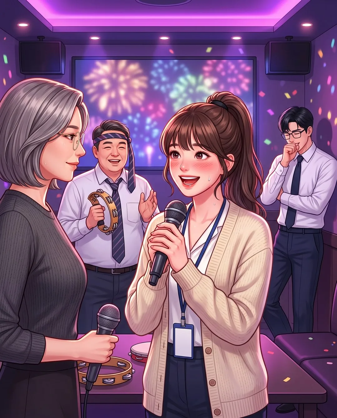 노래방 대형 룸, 96점 팡파르 속 팀장이 지우를 바라보고 구석의 도현은 손으로 입을 가리고 있다