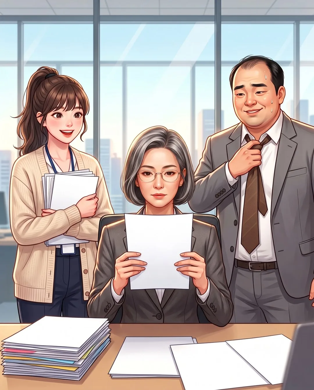 팀장실, 팀장이 지우의 한 장짜리 보고서를 들고 있고 구 과장은 넥타이 매듭을 푼다