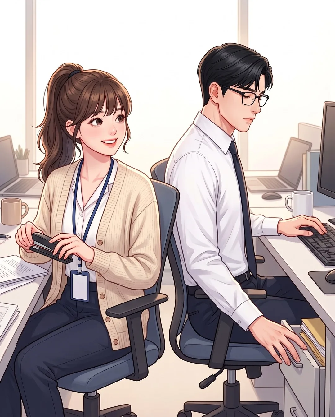 옆자리 도현이 서랍을 여는 사이 지우가 스테이플러를 쥔 채 곁눈질한다