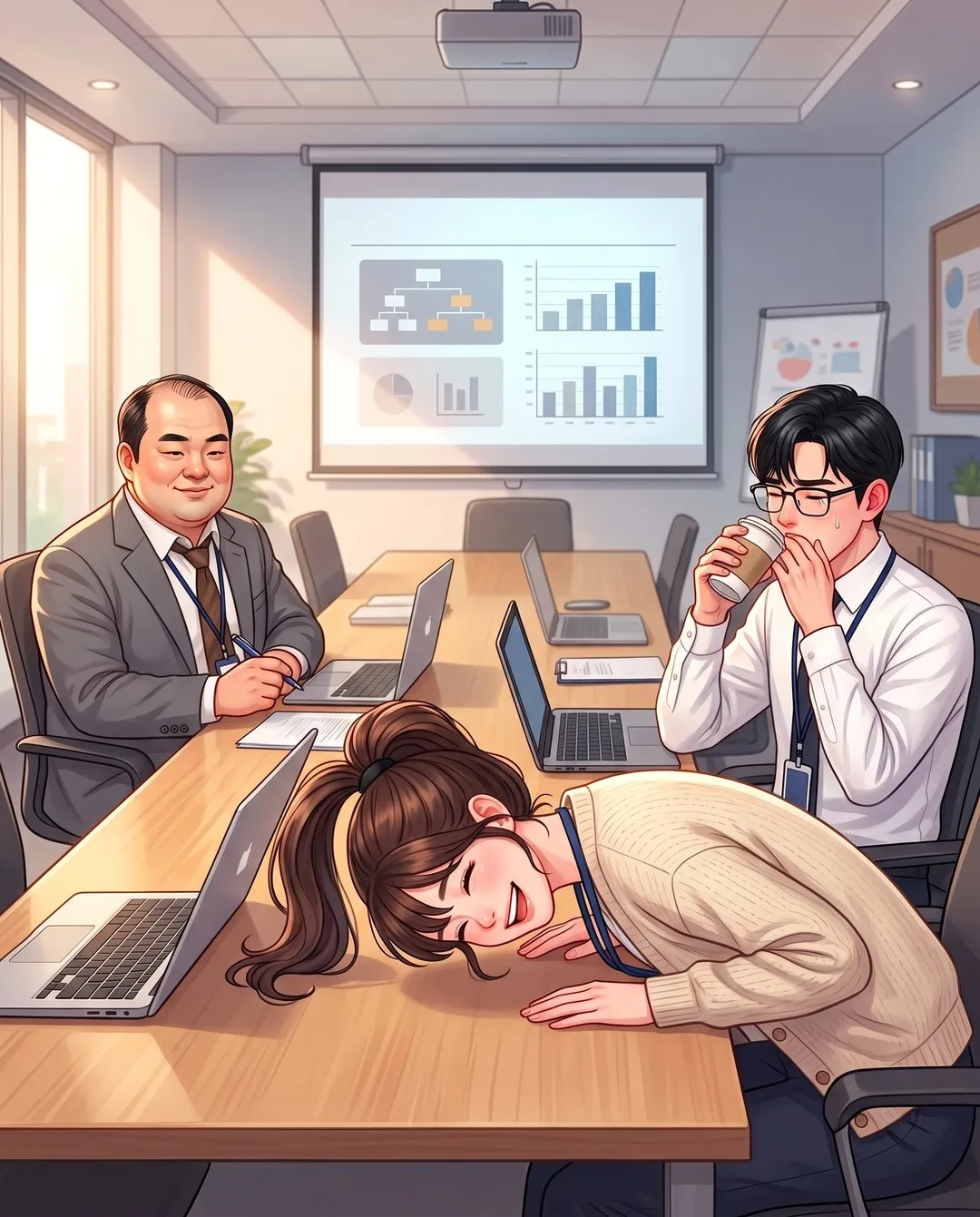 대회의실, 지우가 책상에 닿도록 고개를 숙이고 옆에서 물을 마시던 도현이 사레들린다