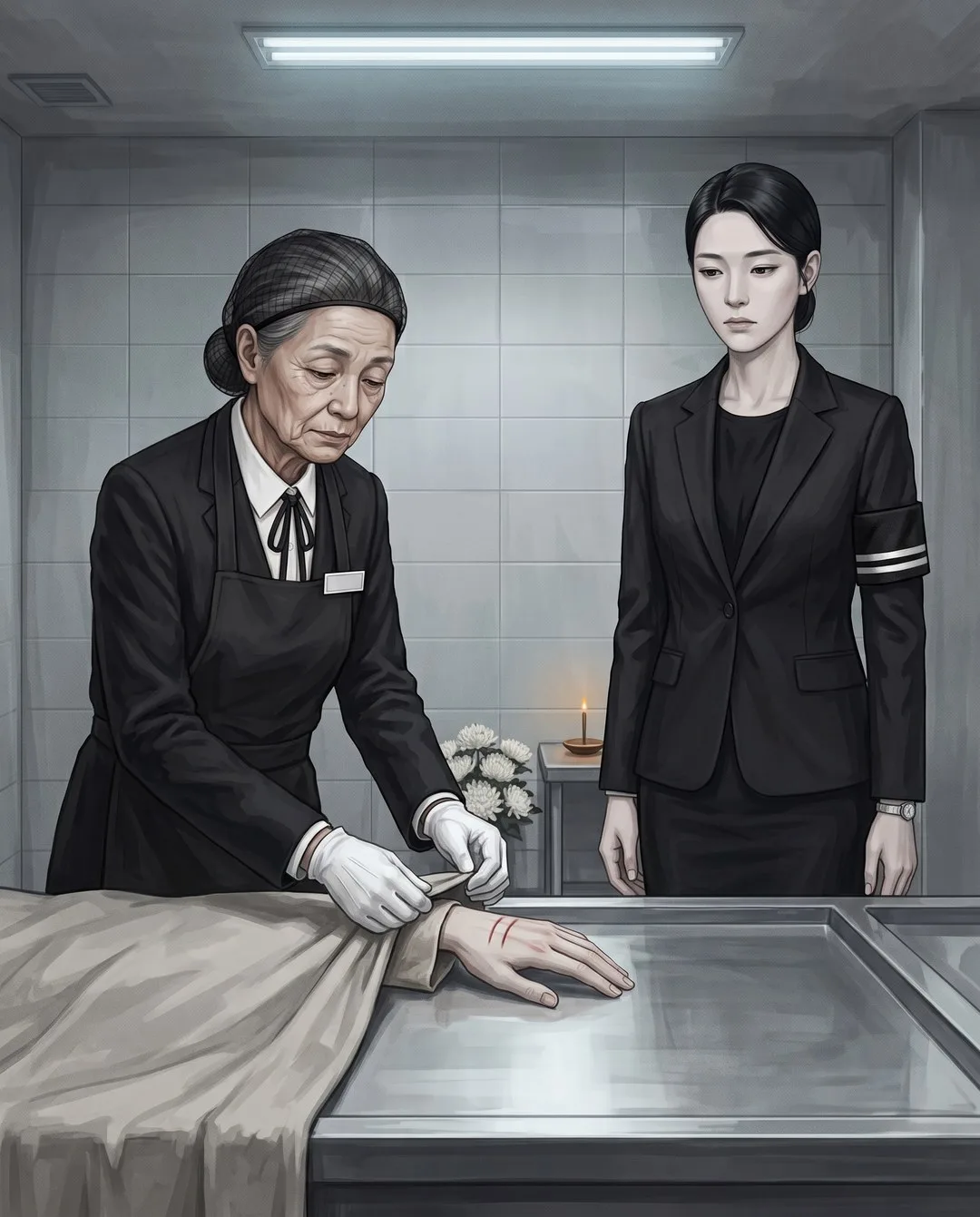 입관실, 흰 장갑 낀 손이 수의 소매를 여미다 멈추고 창백한 손등에 가는 붉은 줄 두 개가 보인다.