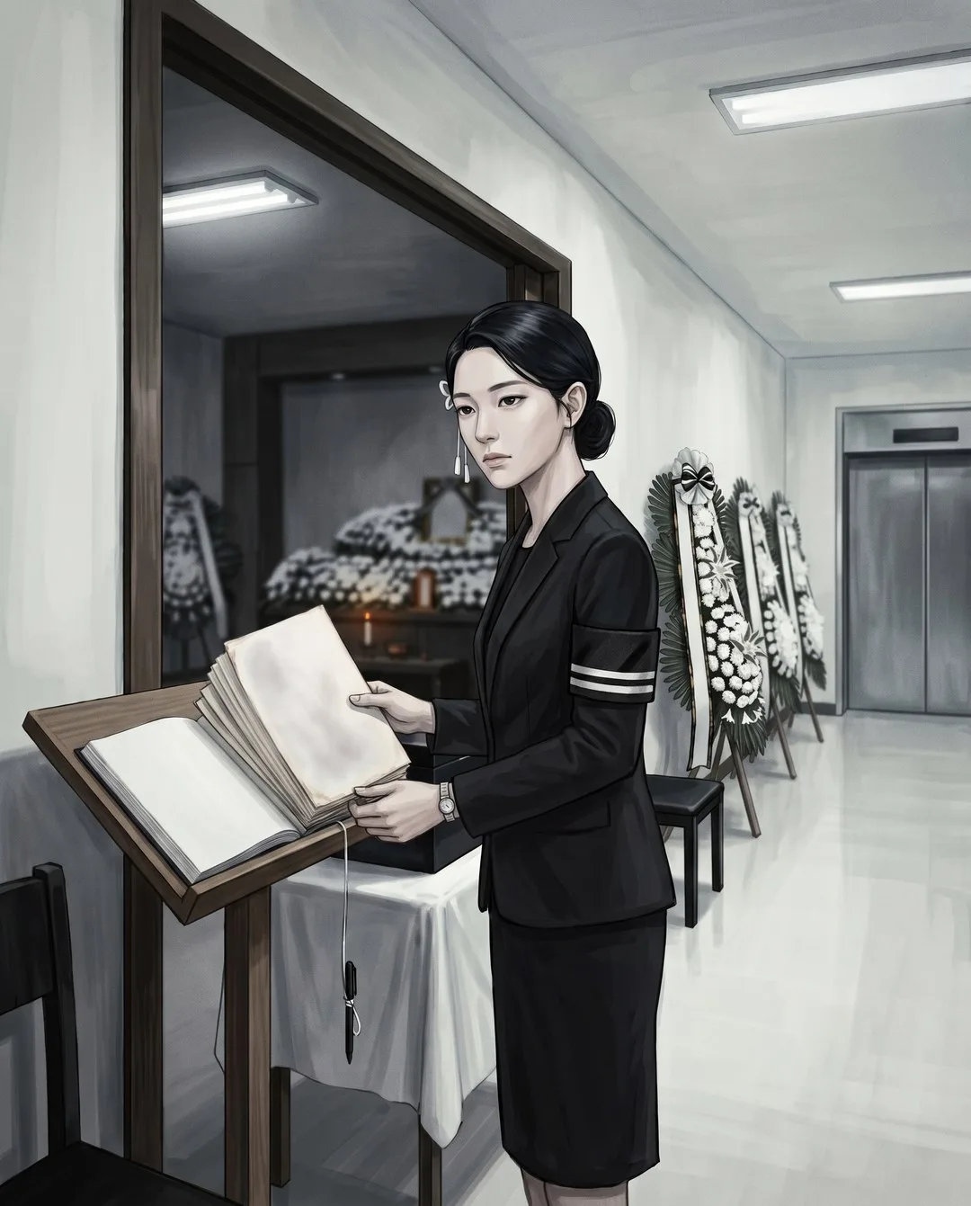 방명록 받침대 앞에서 서진이 같은 서명이 되풀이되는 두꺼운 방명록을 넘기며 쪽을 센다.