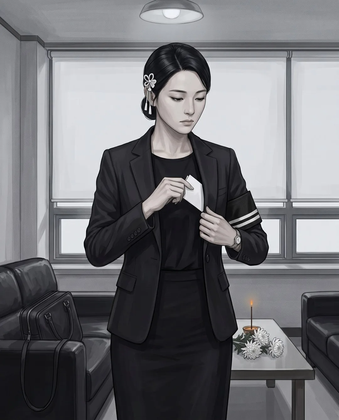 아침 접객실, 배병조와 마주 앉은 서진이 종이컵을 처음으로 입에 댄다.