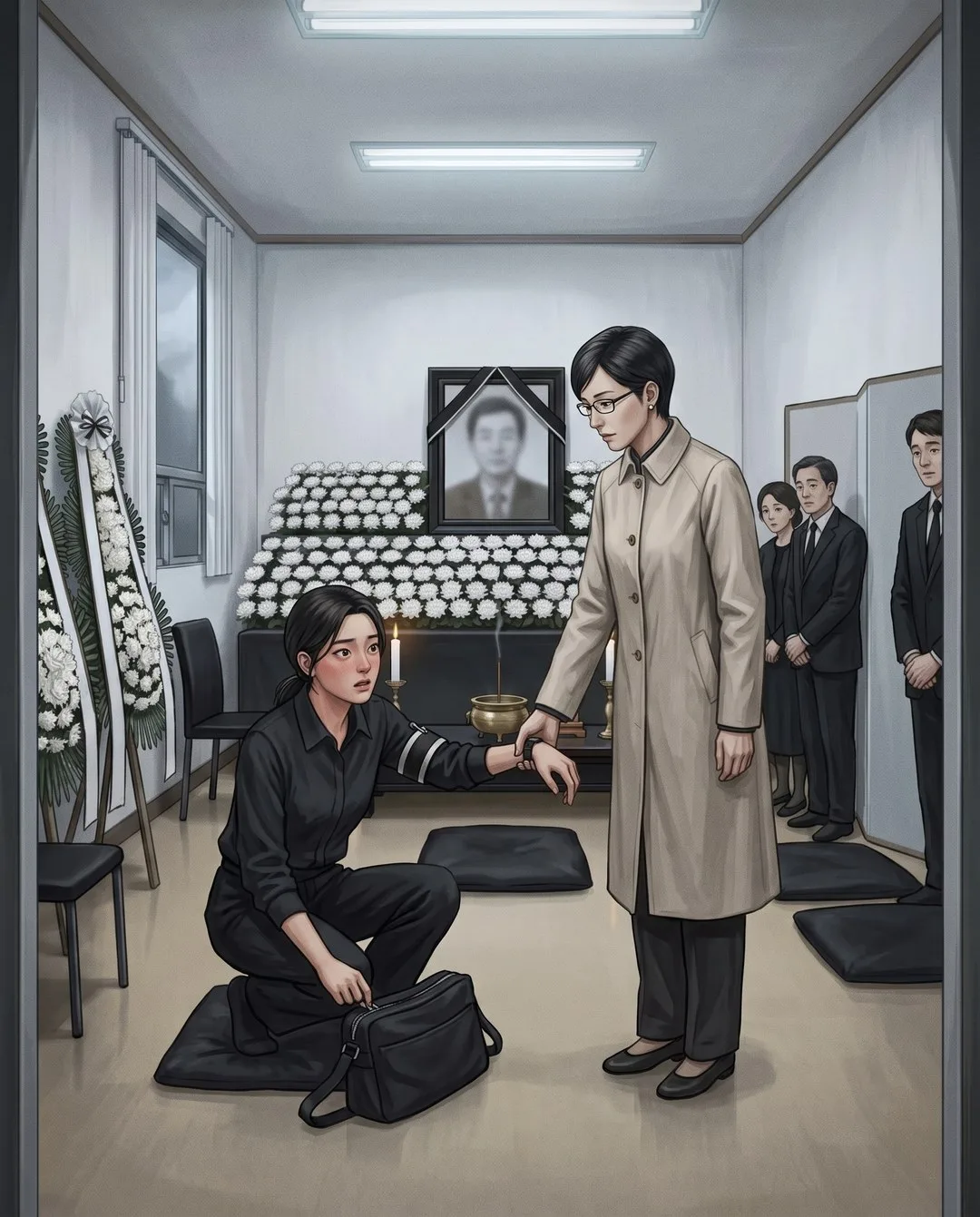 빈소에서 절을 마친 긴 코트의 여자가 돌아서며 가방 지퍼에 손을 댄 현주의 손목을 붙잡는다.